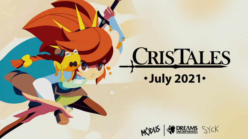 Cris Tales logo, July 2021, with Crisbell and Matias the frog jumping in air.