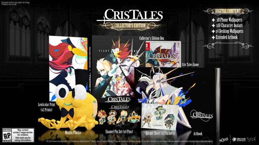 Cris Tales Collector's Edition promo image with plush, game, pins, stickers, art book and lithographic prints.